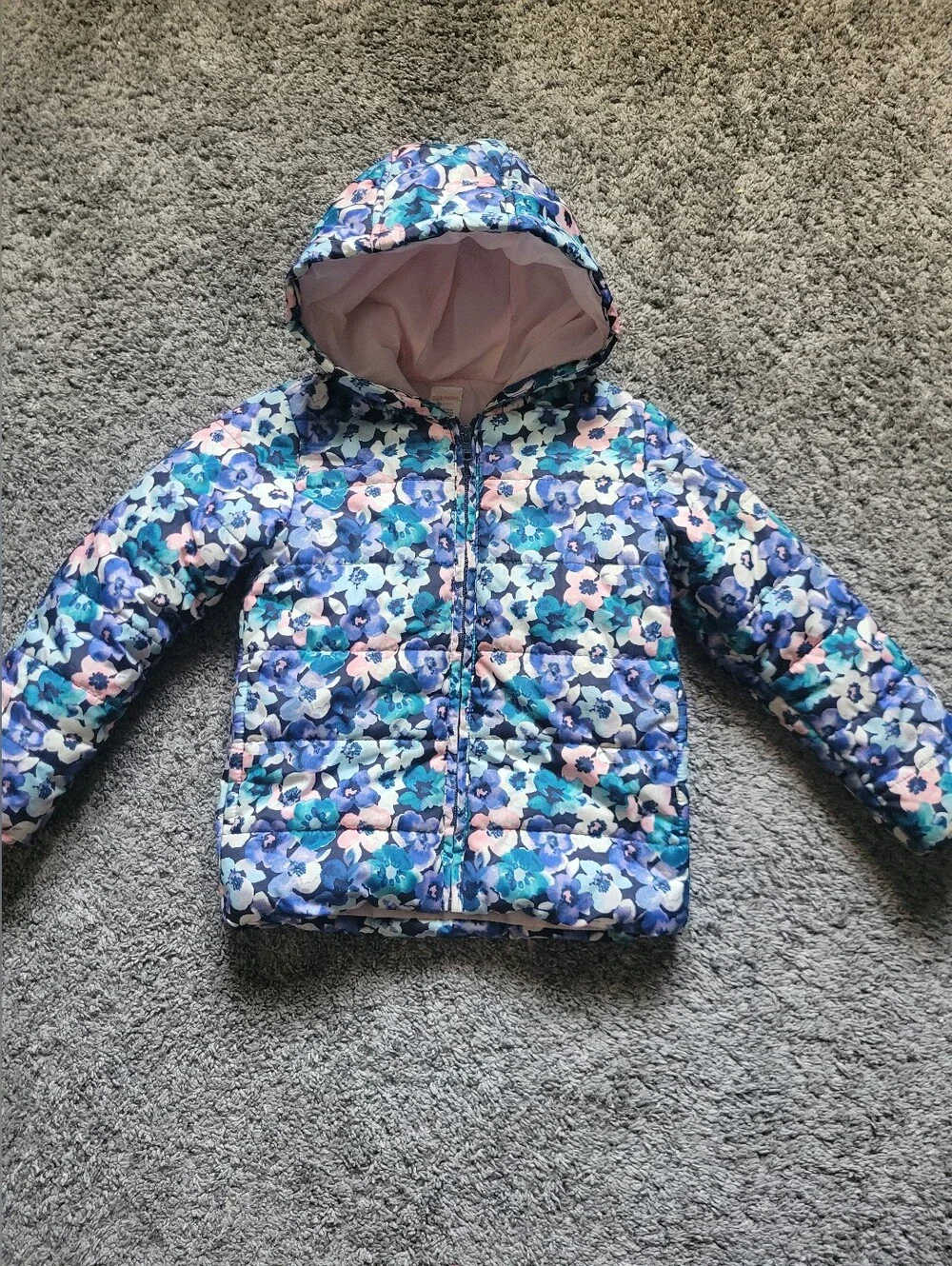 Gymboree Floral Hooded Puffer Jacket Size 4/5T Zipper Closure Functional Pockets